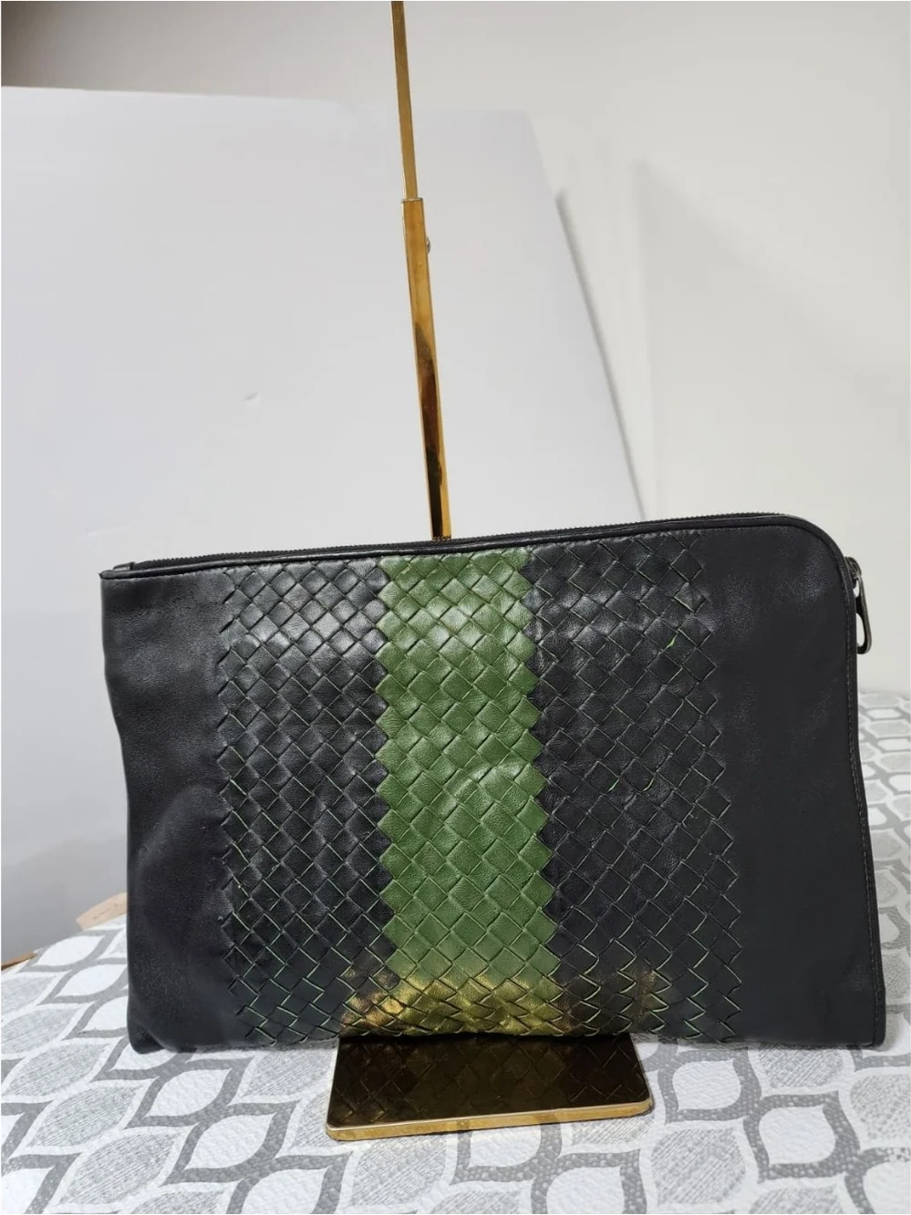 Bottega Veneta Black Leather Pouch with Green Center Stripe